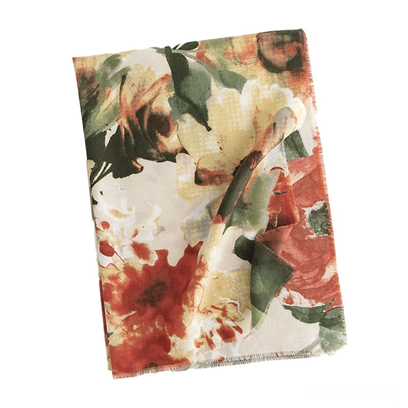 Tibetan ink printed floral scarf product shot showing complete drape and vintage watercolor flower design quality