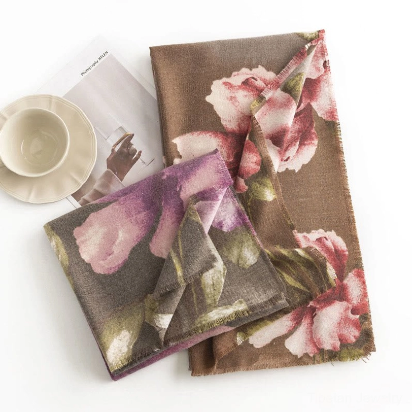 Tibetan scarf style variation showcasing earth tone color palette and floral design versatility