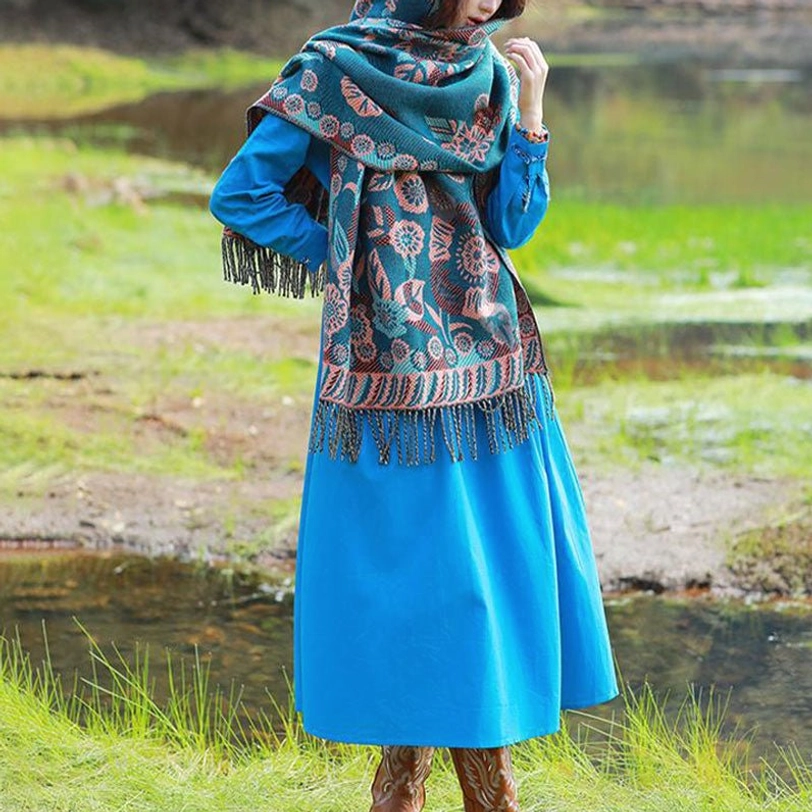Back view of Tibetan botanical print shawl showing matching floral design