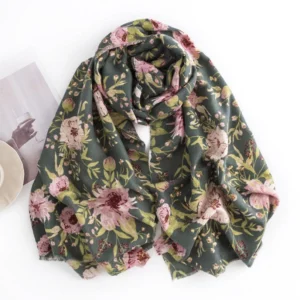 Soft Tibetan floral wrap loosely draped showing botanical print pattern and fabric drape