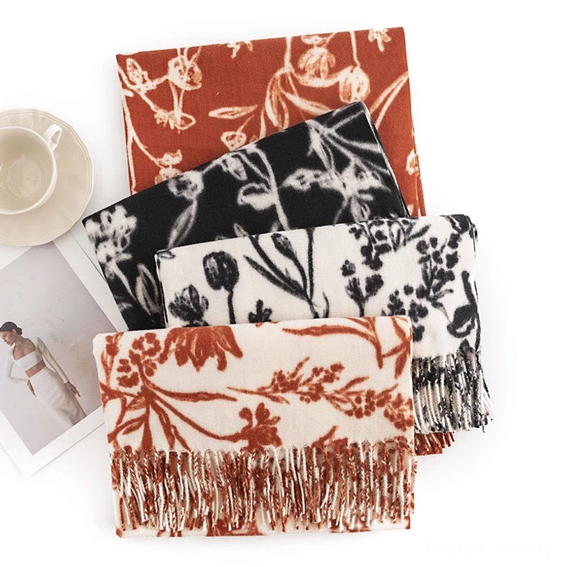 Multiple Tibetan floral shawls flat lay showing various color options including black, cream, rust, and beige with vintage flower prints
