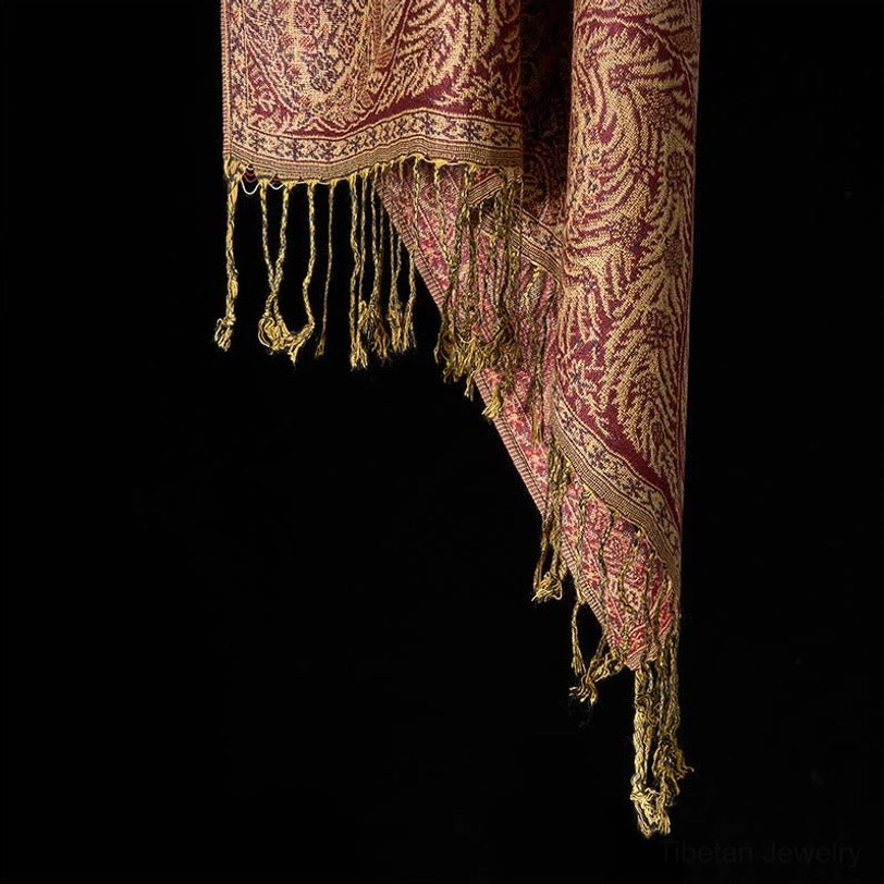 Tibetan floral shawl eco-friendly material - sustainable handcrafted wrap with traditional Himalayan textile heritage
