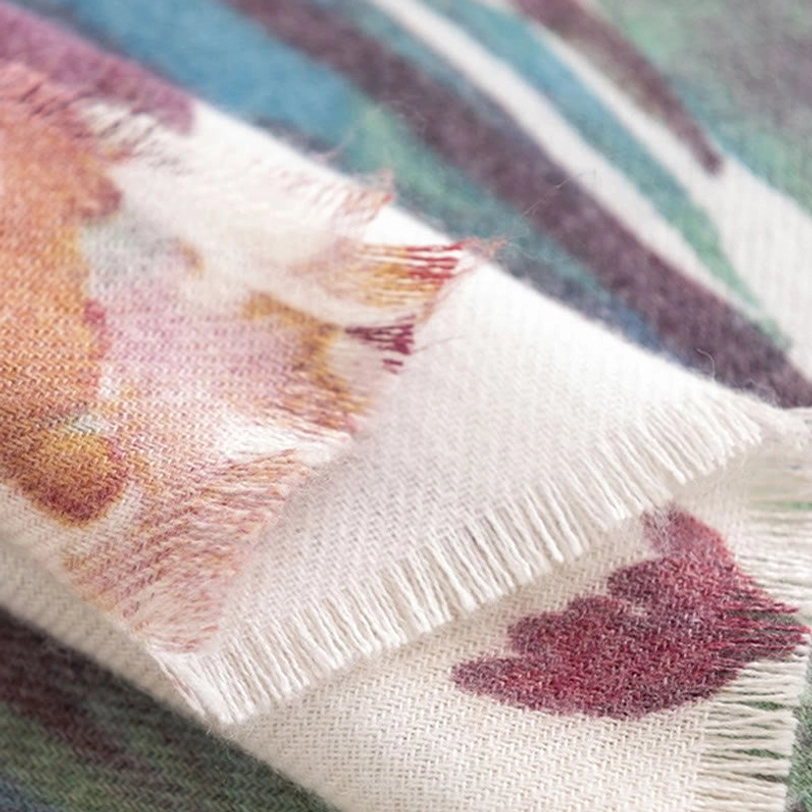 Tibetan wrap scarf showcase featuring complete watercolor floral pattern and textile quality