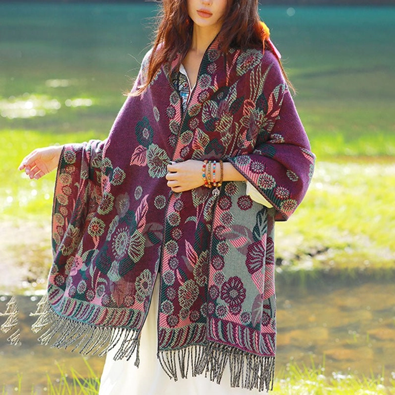 Purple red Tibetan floral pattern shawl with traditional botanical motifs