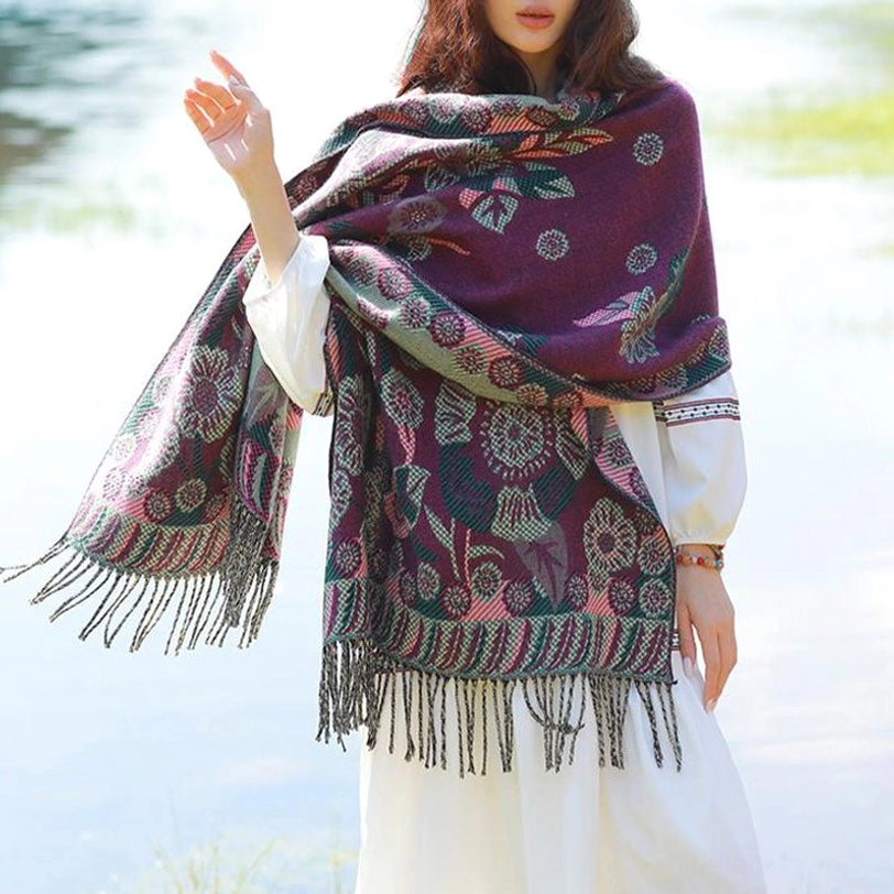 Red Tibetan floral shawl with traditional sacred botanical design