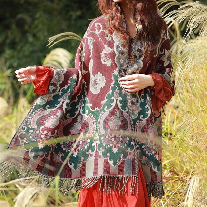 Tibetan botanical shawl back view displaying full paisley and striped floral print design in natural outdoor light