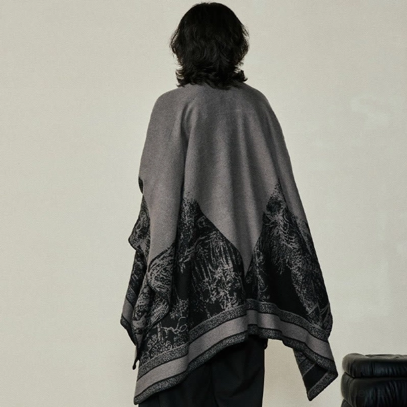 Back view of reversible Tibetan shawl wrap showing full forest animal jacquard pattern