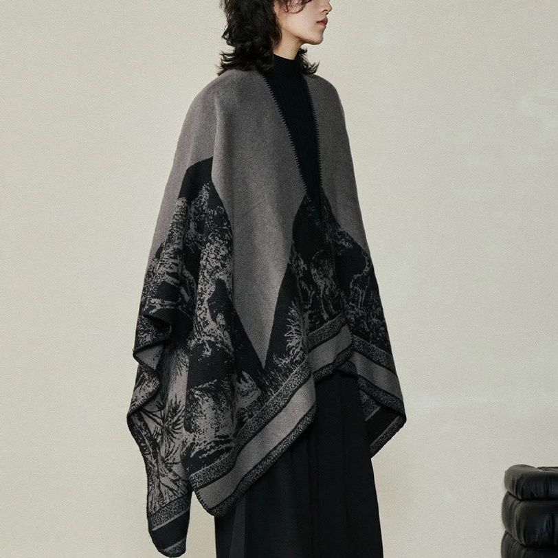 High contrast black and gray Tibetan forest shawl wrap in oversized fit