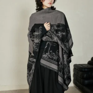 Reversible Tibetan shawl with jacquard forest animal pattern, side drape view