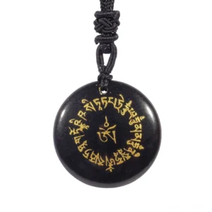 Black Obsidian Tibetan Fortune Mantra pendant with gold-engraved Sanskrit characters and black woven cord