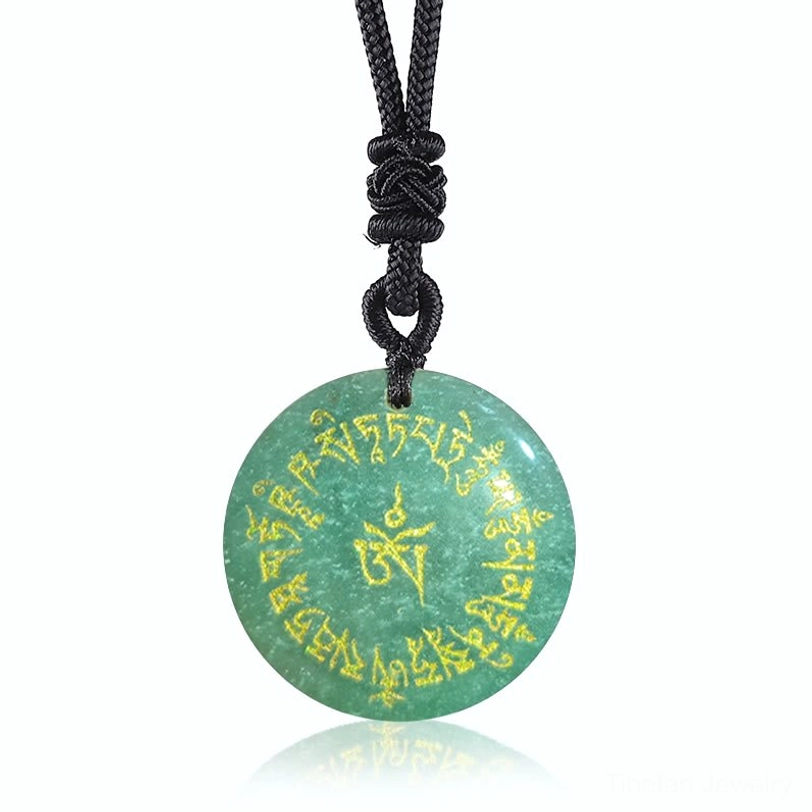 Green Aventurine Tibetan Fortune Mantra pendant with Sanskrit mantras engraved on polished green stone