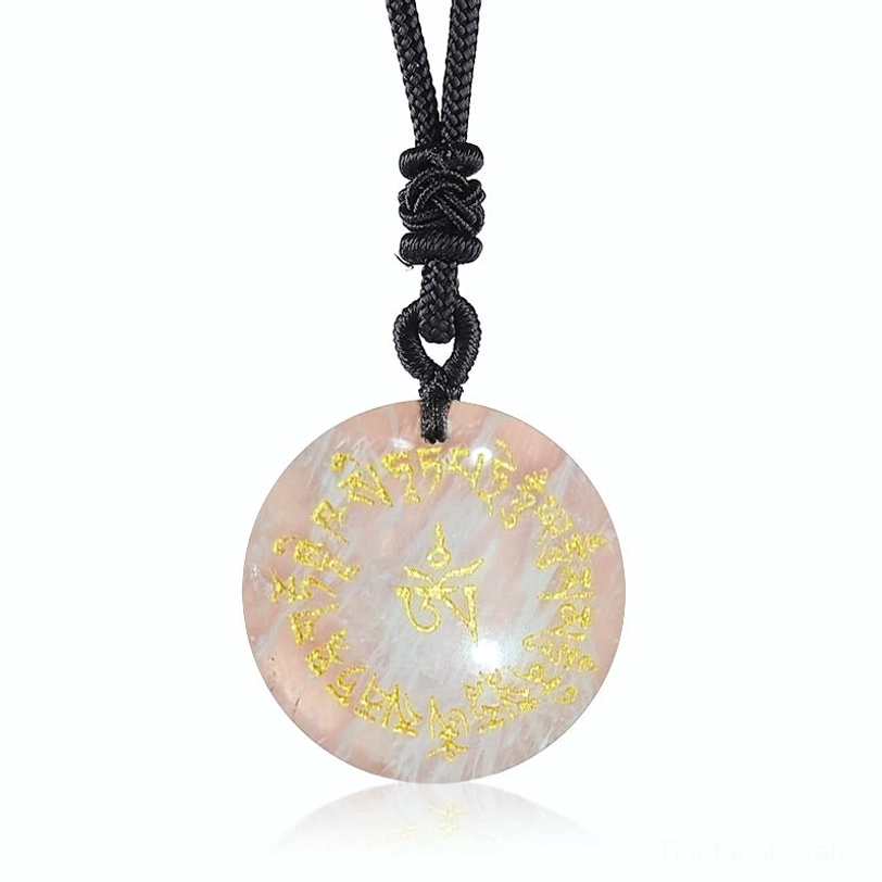 White Agate Tibetan Fortune Mantra pendant featuring pale milky white stone with engraved mantras