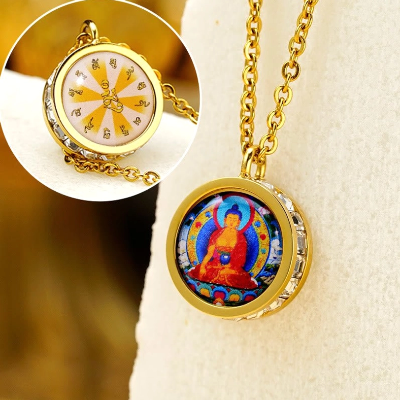 Four-Armed Avalokitesvara Bodhisattva pendant necklace featuring compassion deity with Om Mani Padme Hum mantra