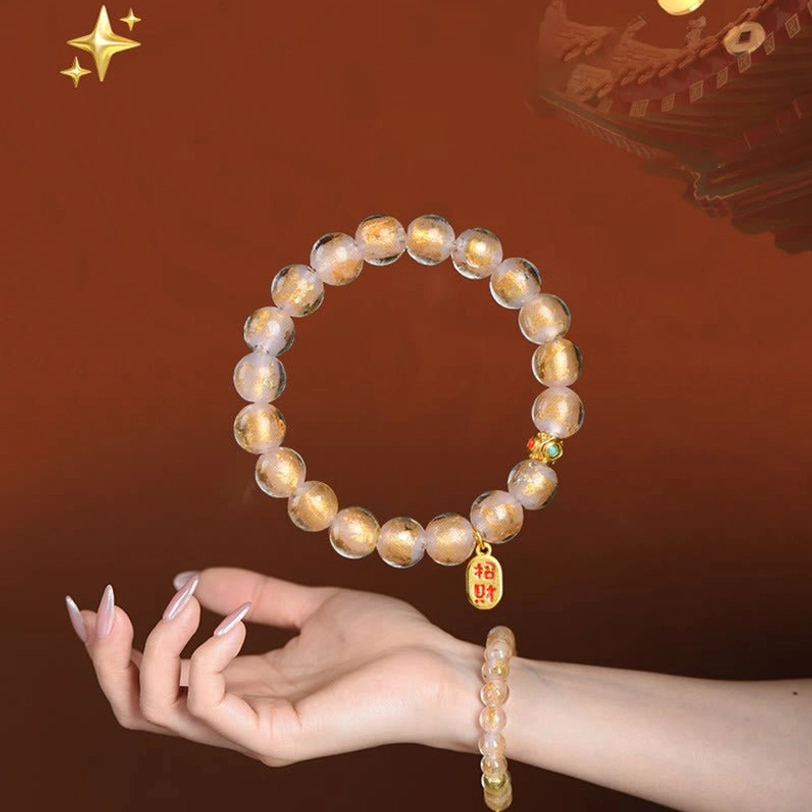 Tibetan incense ash liuli glass fu character bracelet all color variants purple red gold displayed