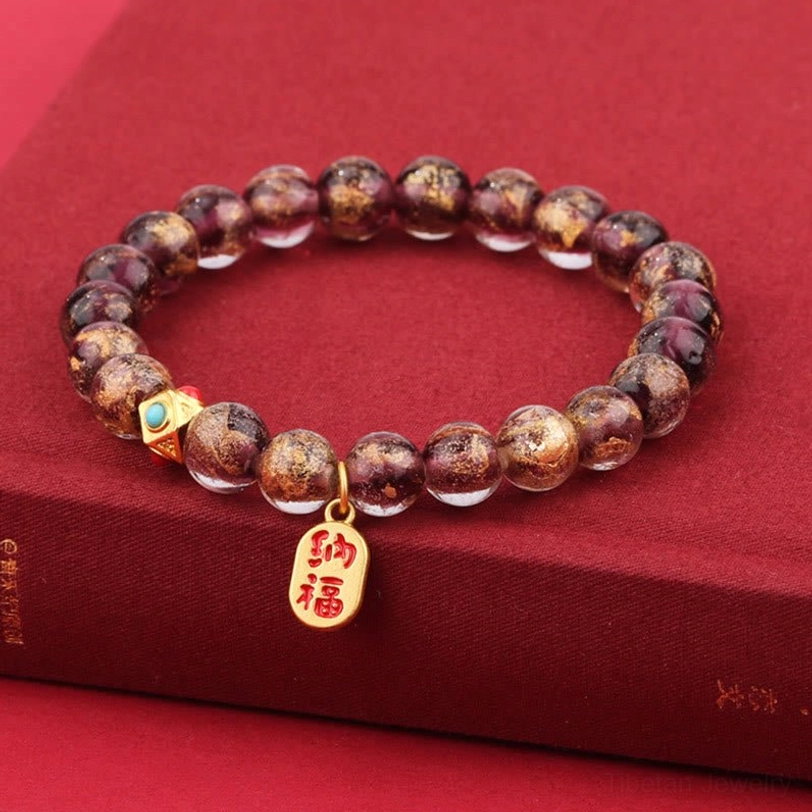 Purple liuli glass bead tibetan bracelet with fu character metal charm water element spiritual growth