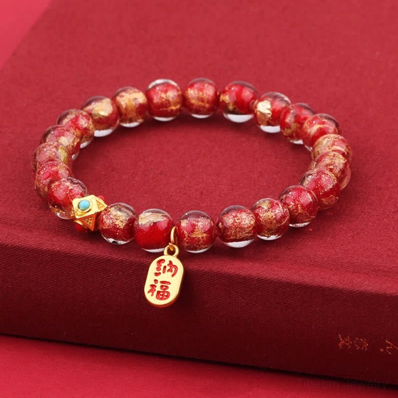 Red liuli glass bead tibetan bracelet with fu character charm fire element prosperity symbol
