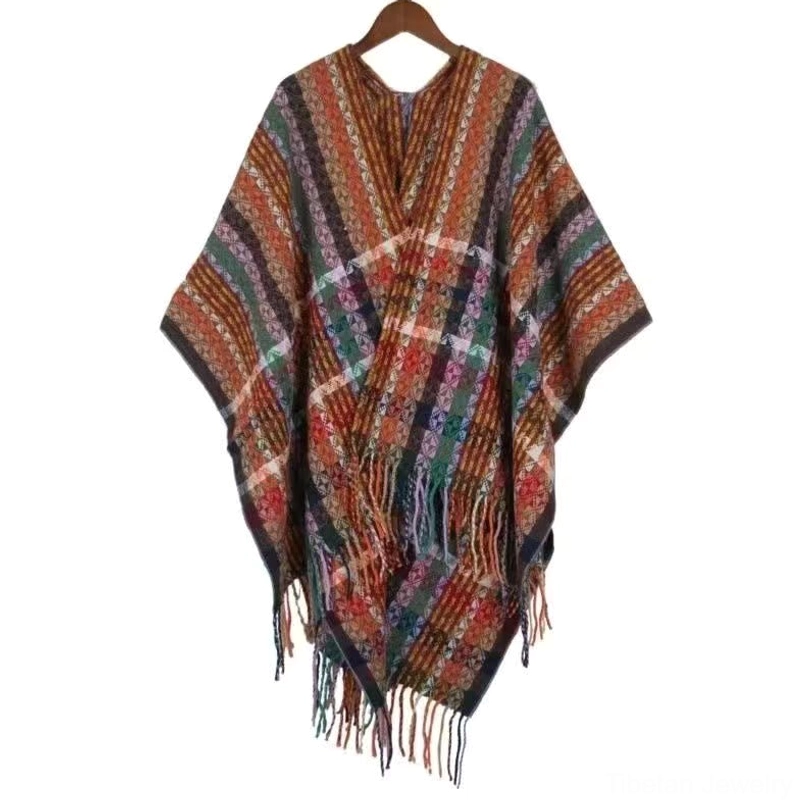 Full-length view of Tibetan striped tassel shawl showing complete oversized wrap dimensions 130x150cm