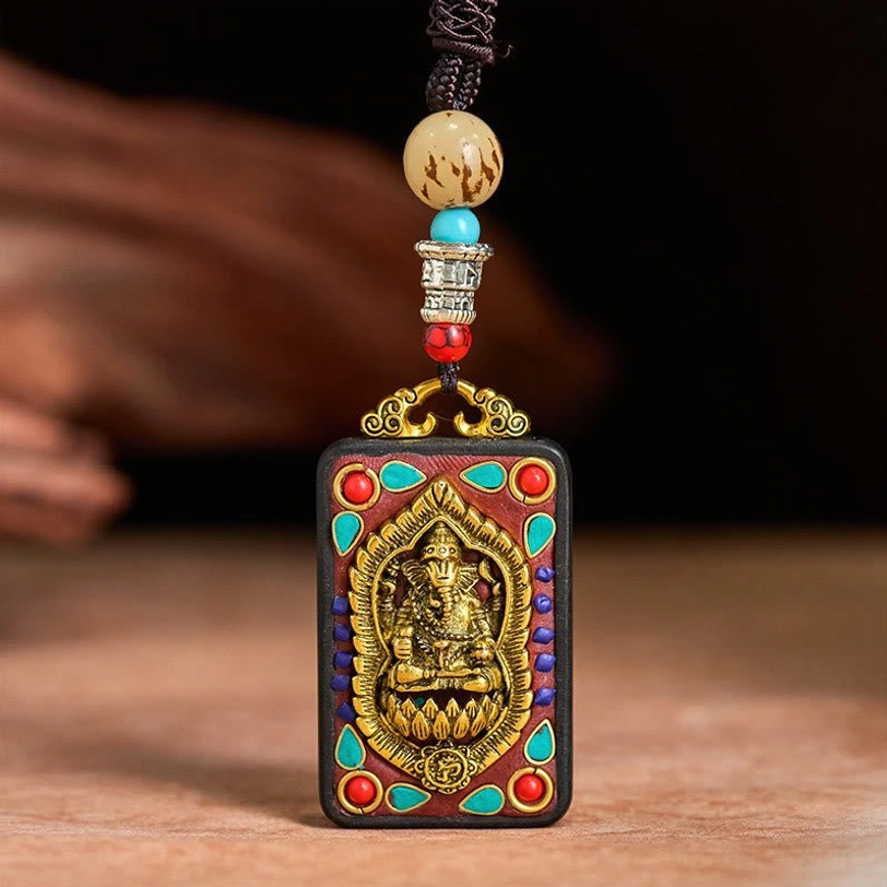 Tibetan Ganesha ebony wood necklace amulet protection spiritual strength