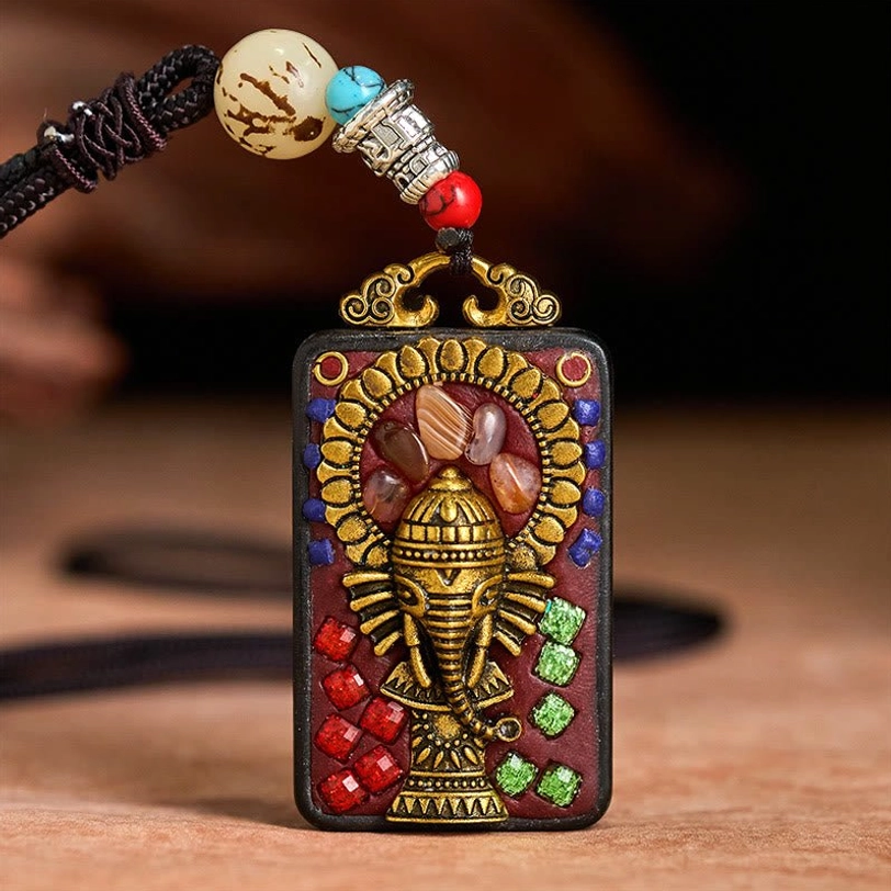 Tibetan Ganesha necklace handmade ebony wood with cultural significance symbol