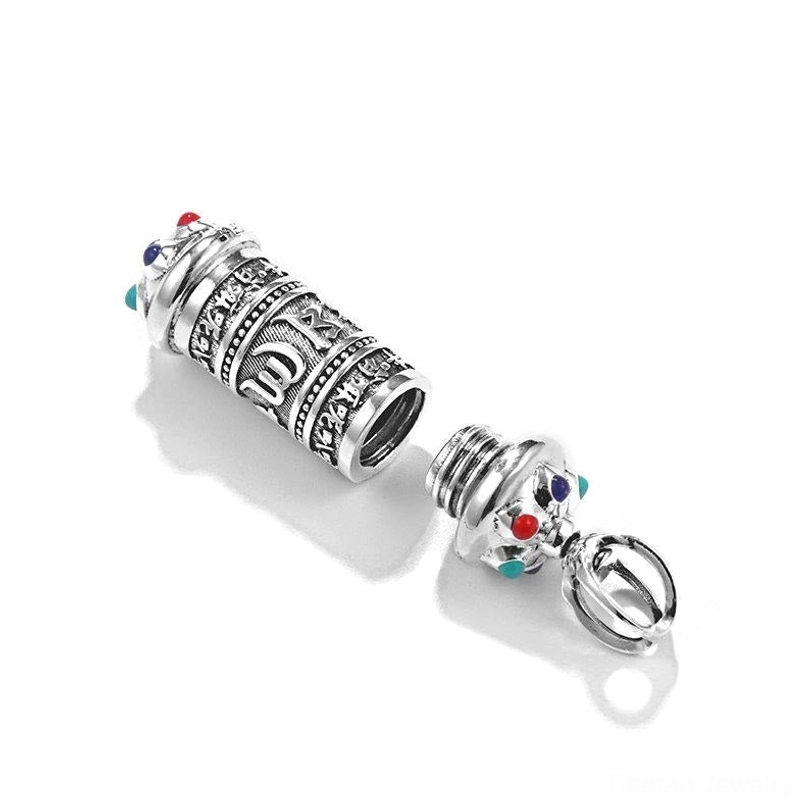 Detachable Tibetan gawu box pendant with Om Mani Padme Hum script, screw-openable storage design with engraved patterns and gems