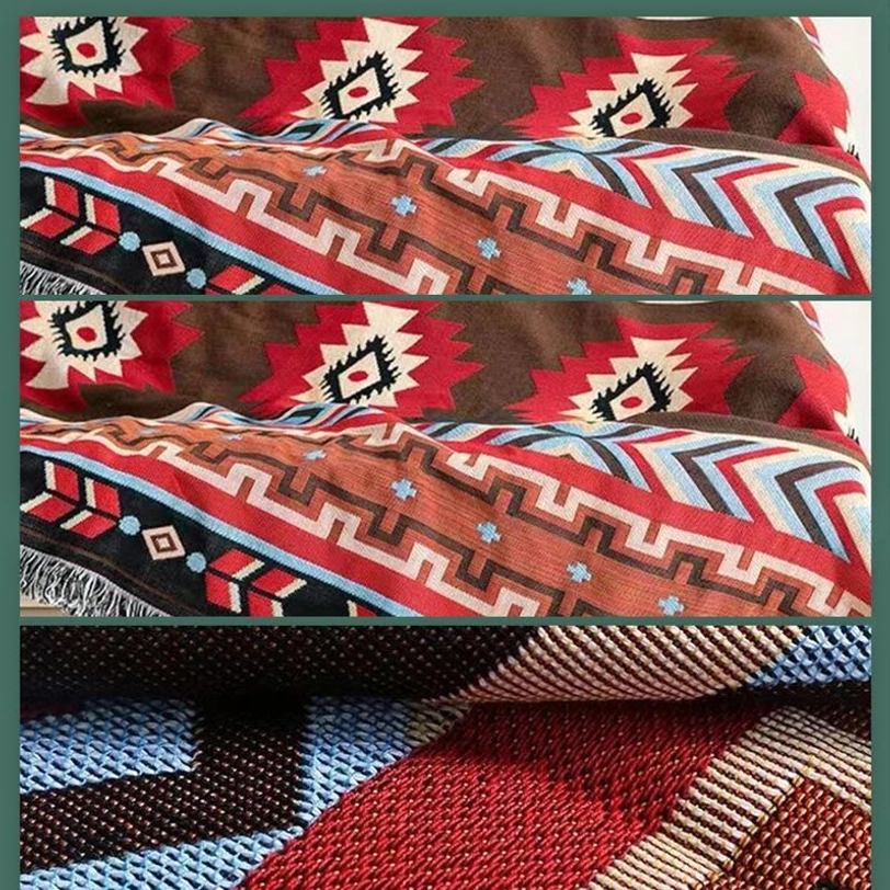 Tibetan geometric tribal blanket showing full pattern design earth tone colors sacred geometry motifs