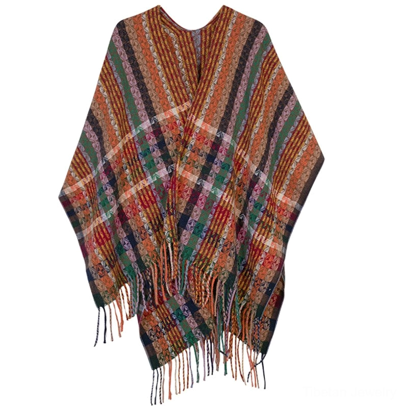 Tibetan geometric striped shawl in outdoor grassland showcasing rich color palette and traditional weave pattern