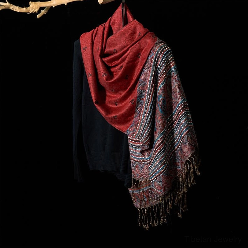 Geometric stripe paisley tassel scarf side view with complete tassel hem detail, showcasing the traditional Tibetan weaving pattern and texture