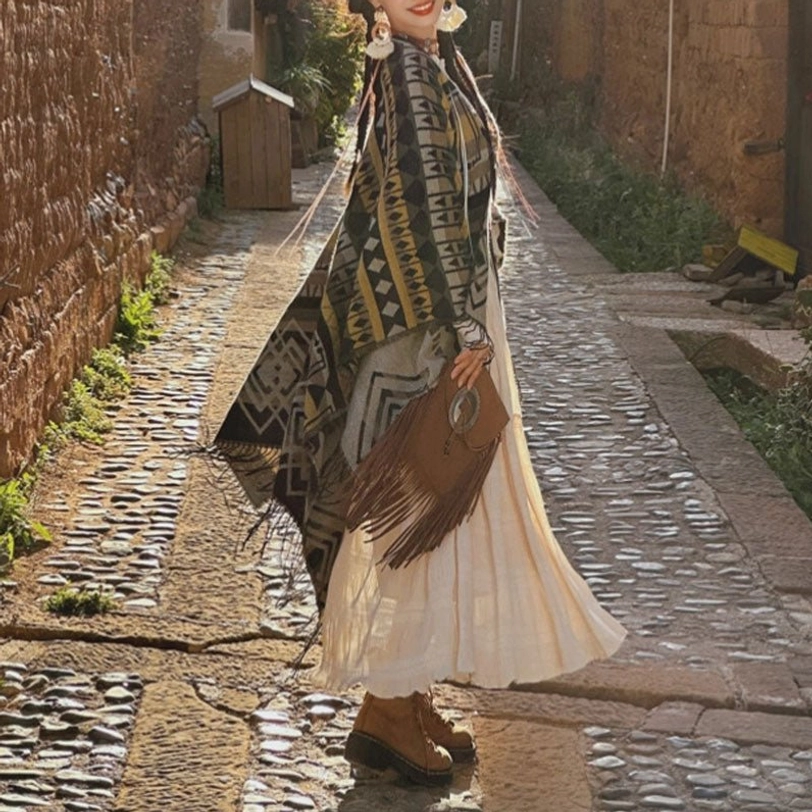 Tibetan tribal geometric tassel shawl flat lay product photography showing full design pattern and dimensions
