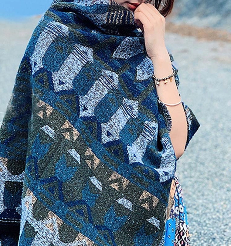 Tibetan geometric tribal shawl as evening wear accessory, elegant draped style with authentic ethnic patterns and quality craftsmanship