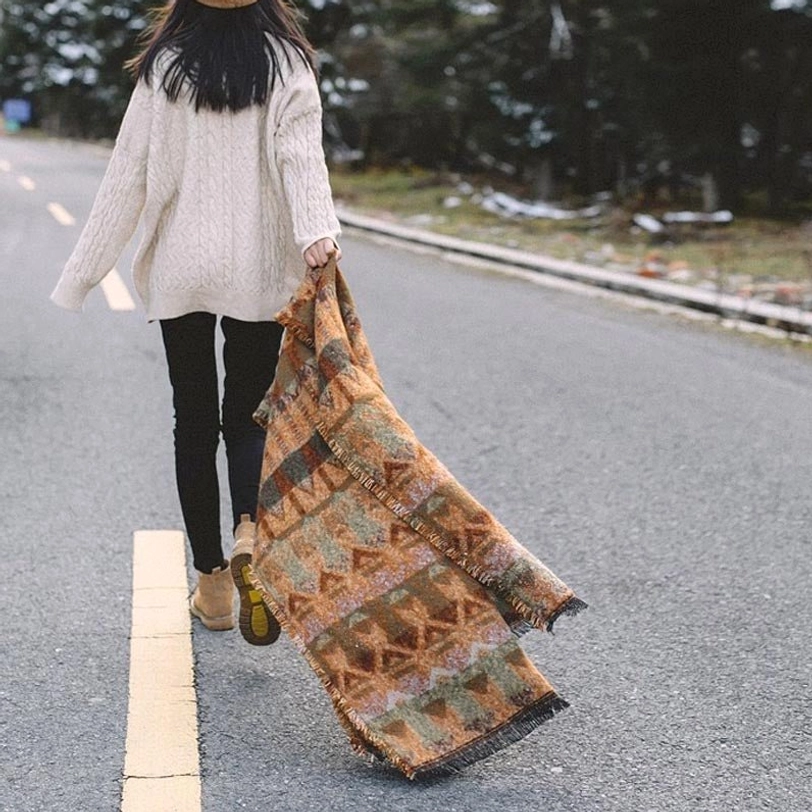 Tibetan geometric wool scarf wrap in vibrant color, traditional ethnic tribal weave with authentic Himalayan craftsmanship