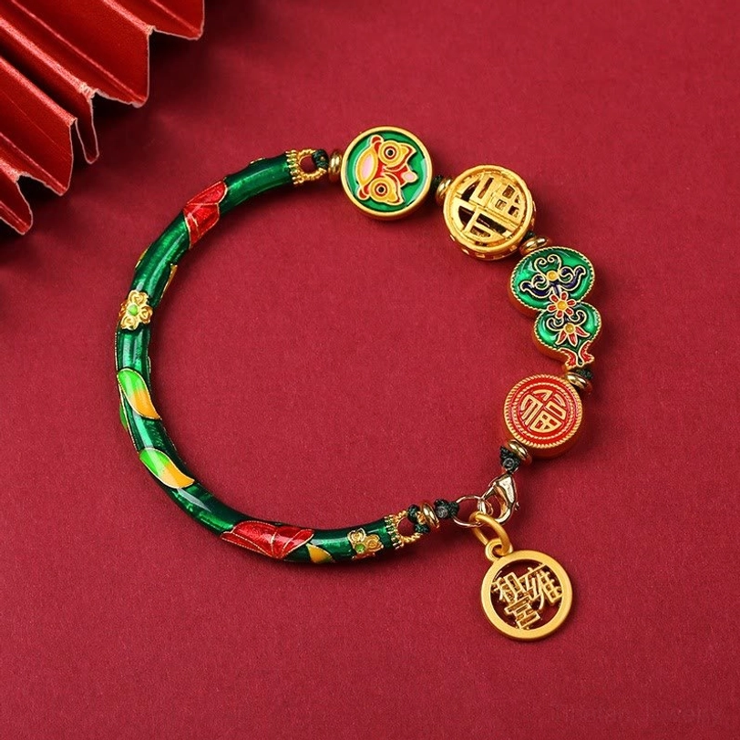 Red and green dual-tone Tibetan gourd bracelet with copper lion charms and hanging fortune tag