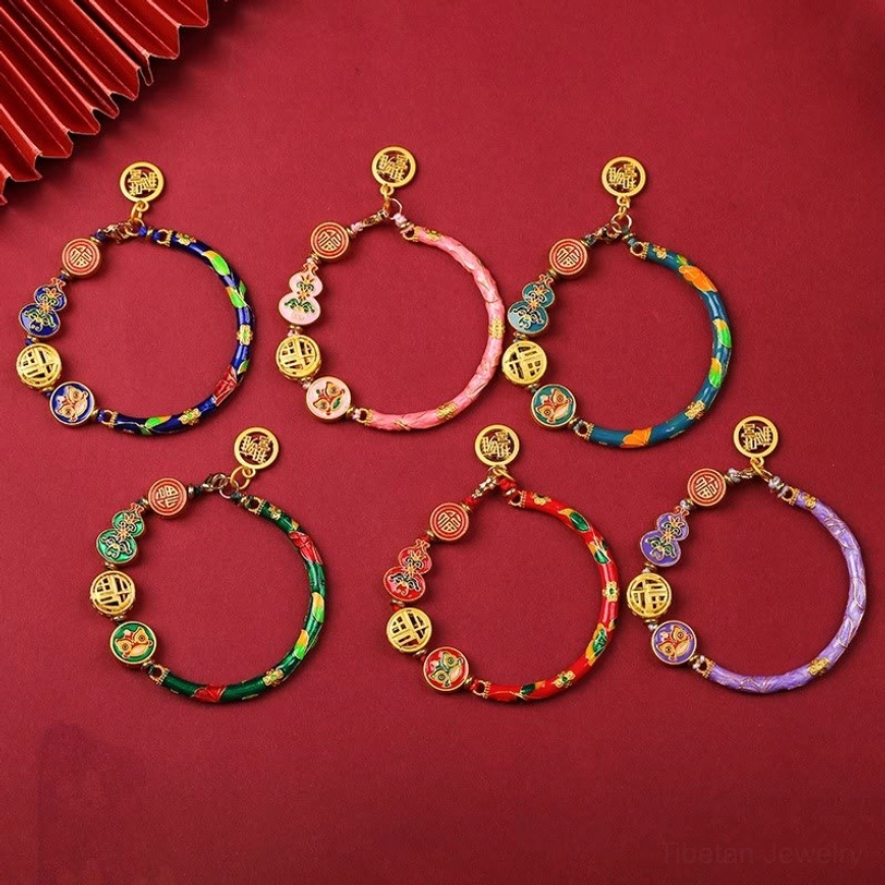 Six color variants of Tibetan gourd copper wealth bracelets - red, blue, dark blue, green, pink, purple with lion symbols