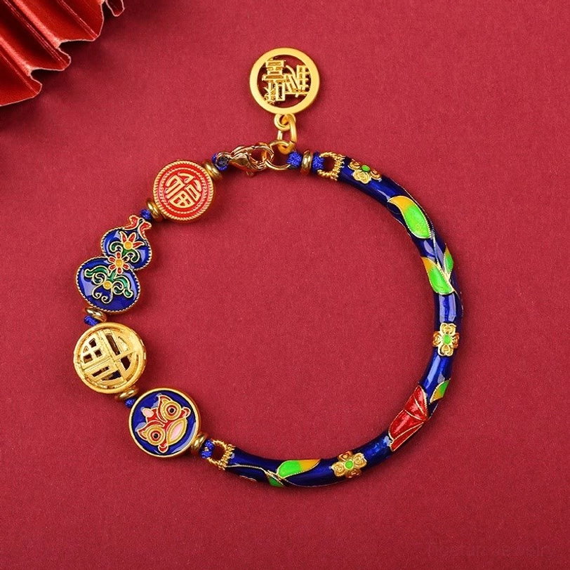 Dark blue enamel Tibetan gourd prosperity bracelet with colorful decorative beads and gold fortune pendants