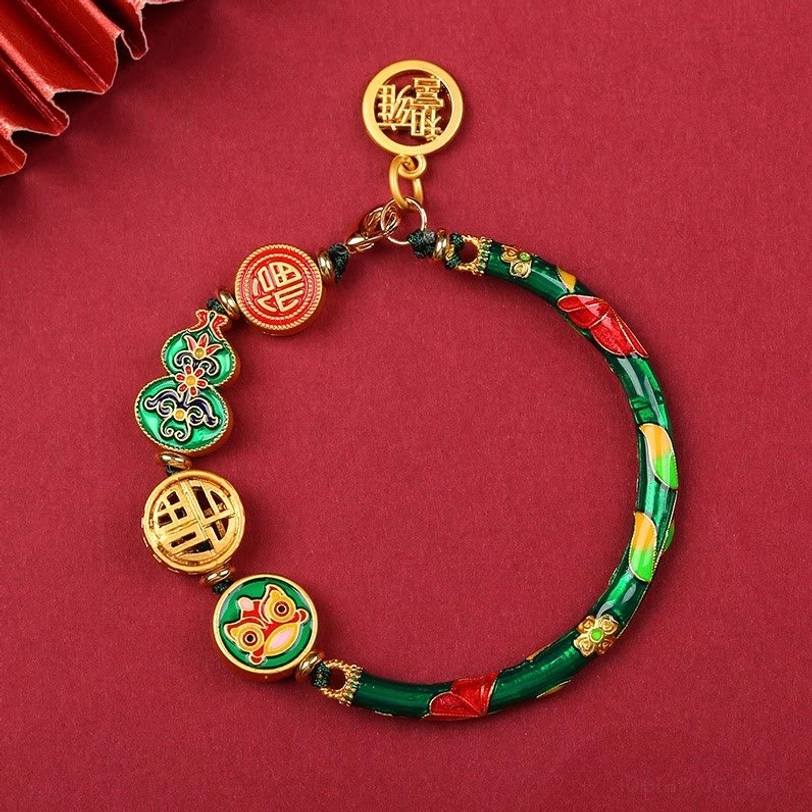 Dark green enamel Tibetan gourd bracelet with multicolor beads and gold lion fortune pendants