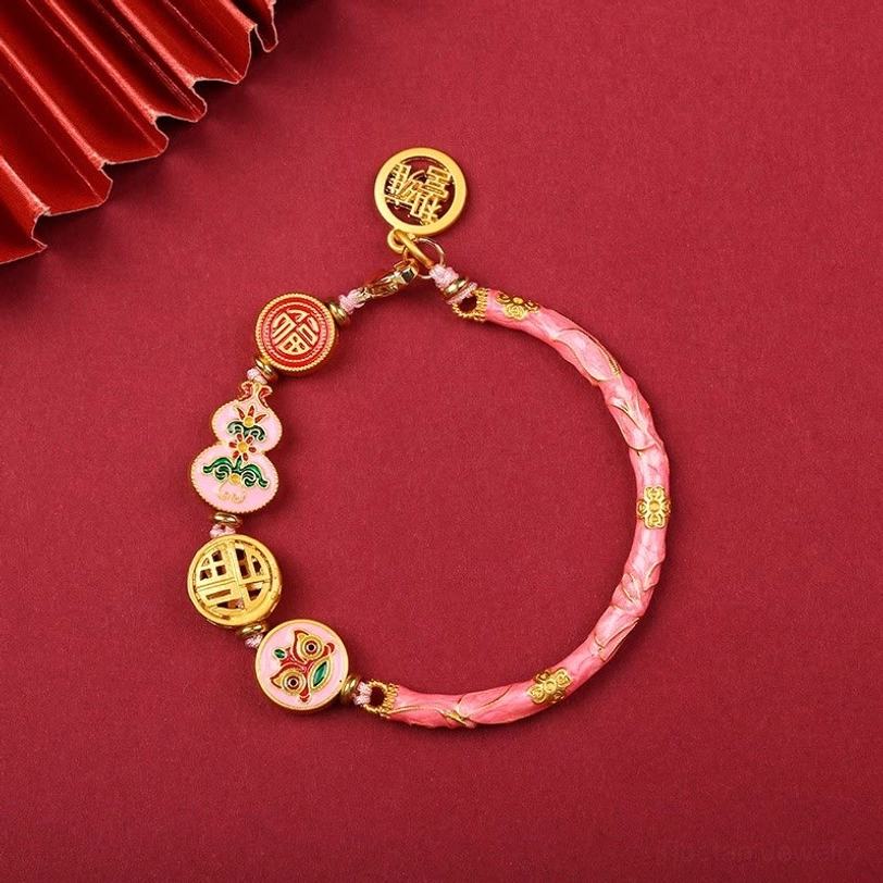 Pink braided enamel Tibetan gourd bracelet with gourd charm and round fortune enamel beads