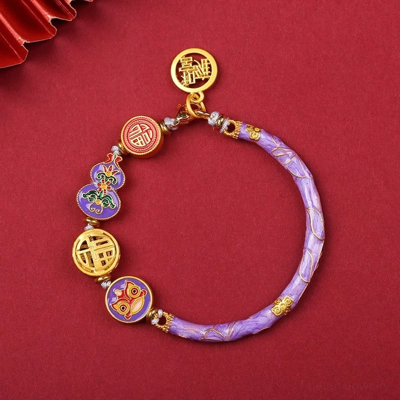 Purple enamel Tibetan gourd bracelet with copper lion charm and spiritual fortune beads
