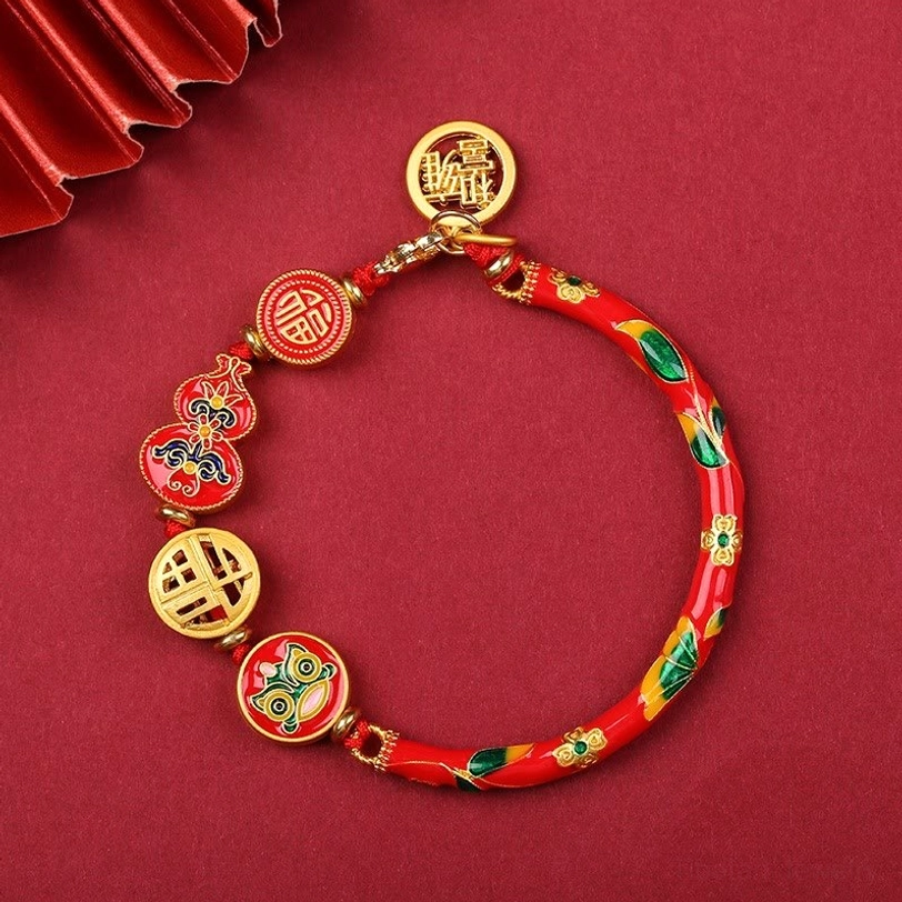 Bright red enamel Tibetan gourd bracelet with gold and colorful enamel charms, wealth symbol