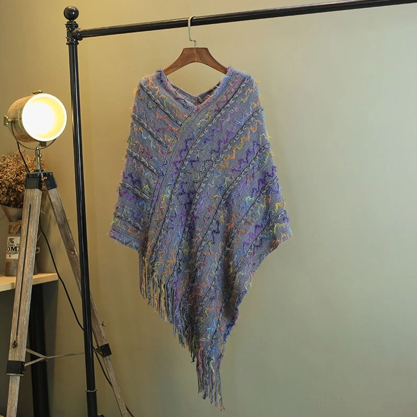 Gray tibetan striped tassel poncho shawl ideal for warm cozy comfort and cultural style