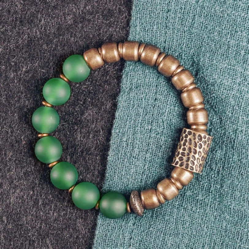Green agate and copper beaded bracelet with matte green stones and hammered copper metal charm