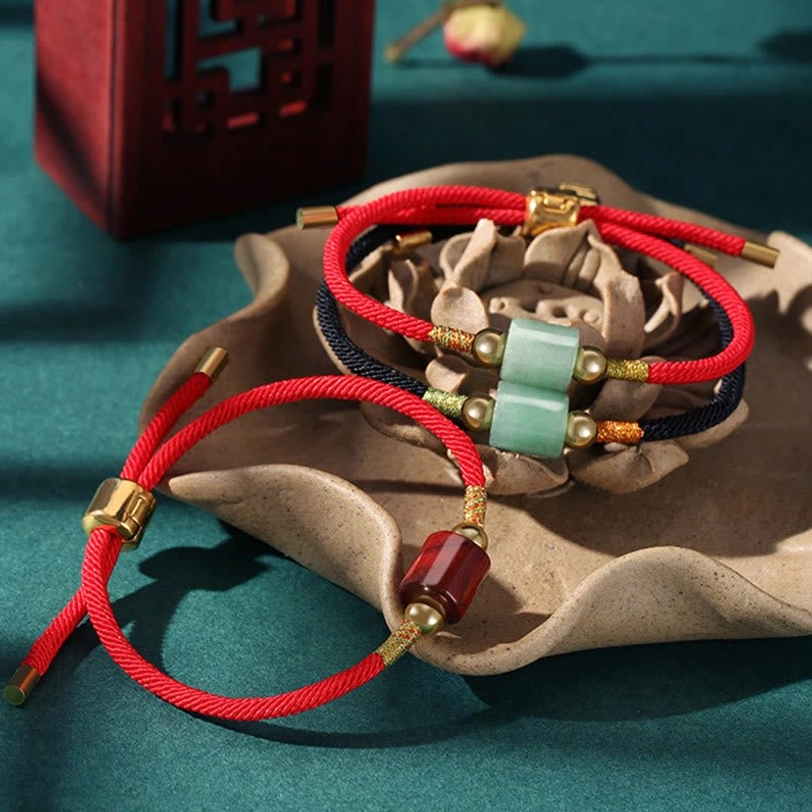 Green aventurine Tibetan lucky bracelet red string traditional Buddhist blessing inspired woven gemstone bracelet