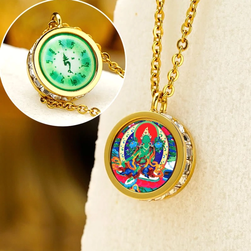 Green Tara Bodhisattva pendant necklace front view with compassion symbol and Om Mani Padme Hum mantra reverse