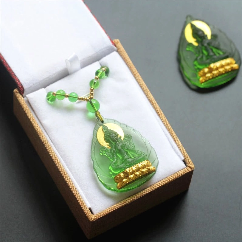 Green Tara Buddha necklace gift set with brown gift box, white lining, and matching Liuli crystal pendant