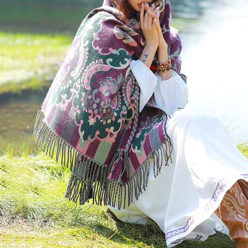 Tibetan leaf pattern tassel shawl in dark green showing jacquard weave and botanical motifs