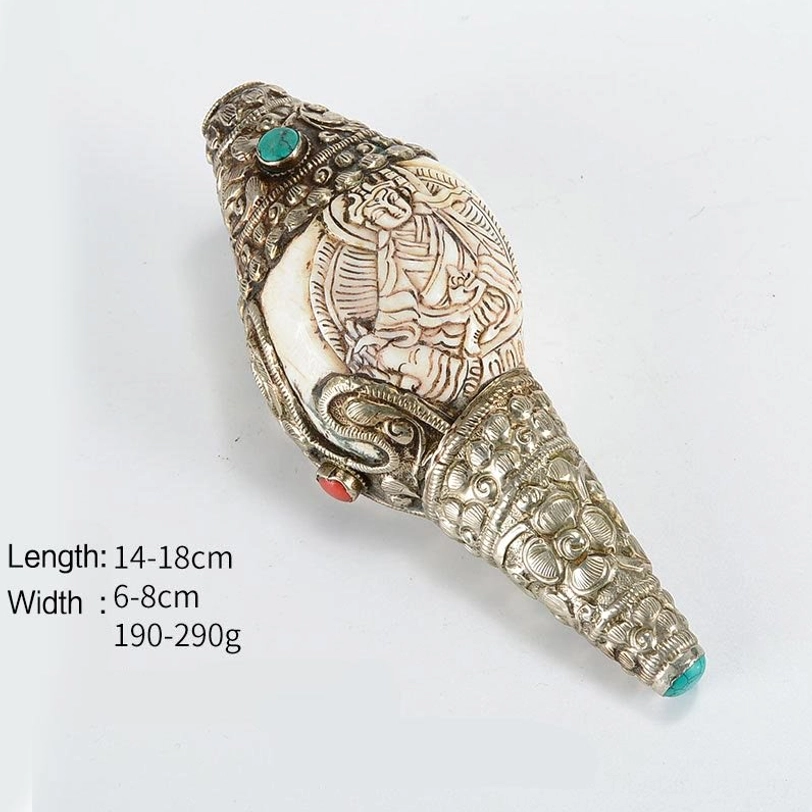 Tibetan Guru Rinpoche hand-carved conch shell decoration with Buddhist master relief and precious inlays
