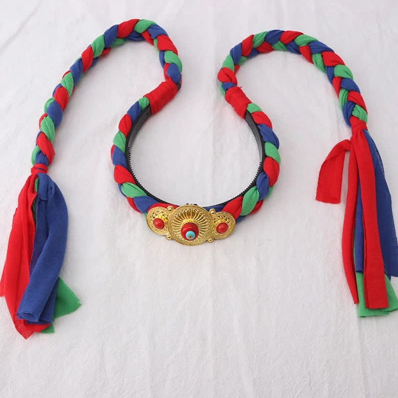 Tibetan hair braid ornament with red blue green braids, matching pair of hair pieces and fabric tassels
