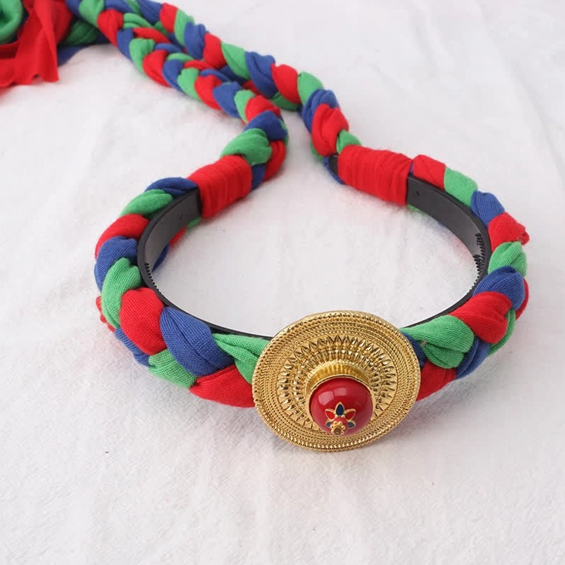 Tibetan hair ornament headband with braided multicolor trim, round gold decorative piece with central red stone