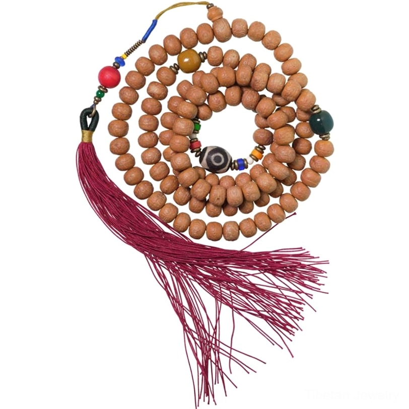 Authentic Tibetan mala bead necklace with hand-painted dzi bead and natural bodhi seeds