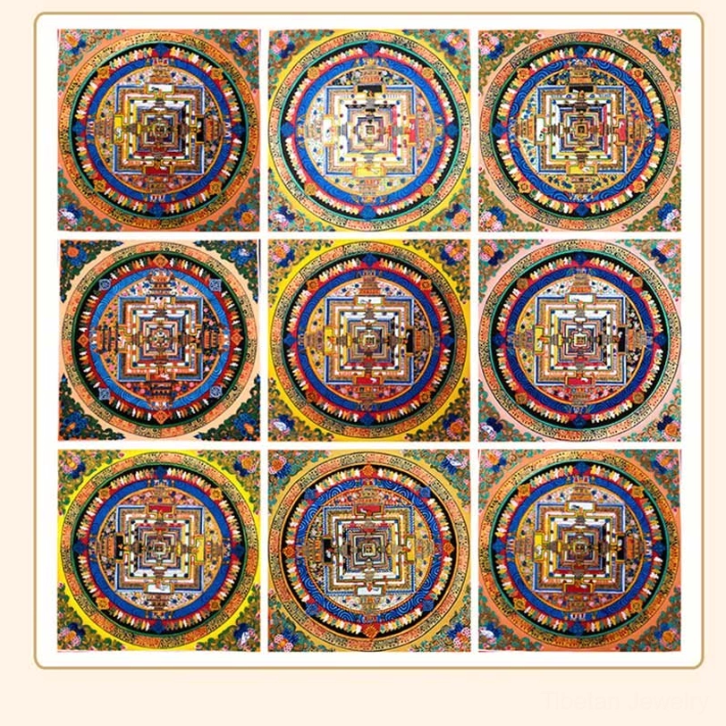 Tibetan handcrafted mandala thangka with sacred geometry and celestial color palette
