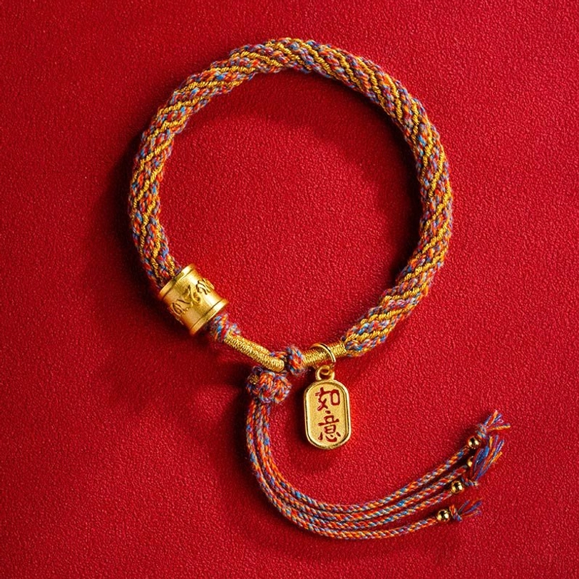 Handmade Tibetan Buddhist braided bracelet multicolor rope with gold Ruyi auspicious pendant