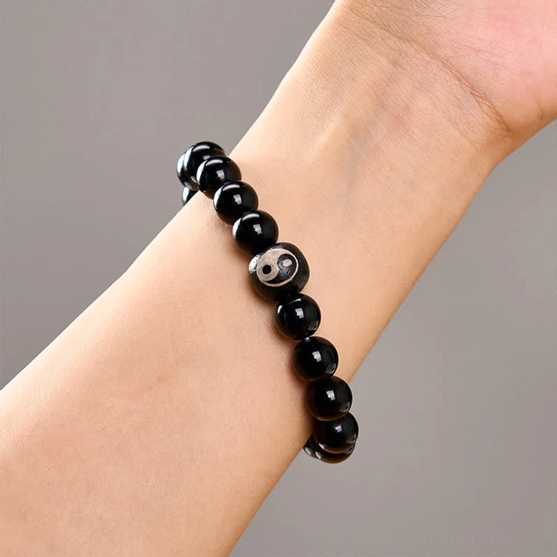 Tibetan Black Obsidian Yin Yang protection bracelet authentic handmade elastic cord design, natural stone healing bracelet